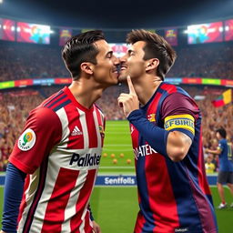 A humorous scene featuring two iconic football players, Ronaldo and Messi, sharing a playful kiss on a vibrant soccer field, surrounded by cheering fans