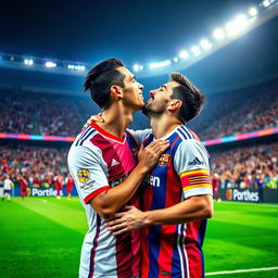 A humorous scene featuring two iconic football players, Ronaldo and Messi, sharing a playful kiss on a vibrant soccer field, surrounded by cheering fans