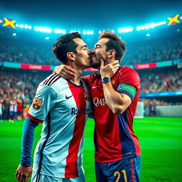 A humorous scene featuring two iconic football players, Ronaldo and Messi, sharing a playful kiss on a vibrant soccer field, surrounded by cheering fans