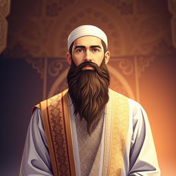A beautiful Islamic art scene featuring a male figure with a distinguished Islamic beard, dressed in traditional attire that reflects Islamic culture