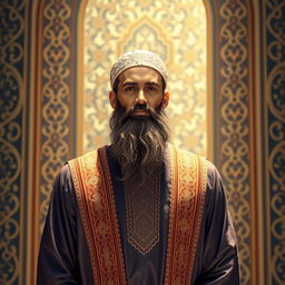 A beautiful Islamic art scene featuring a male figure with a distinguished Islamic beard, dressed in traditional attire that reflects Islamic culture