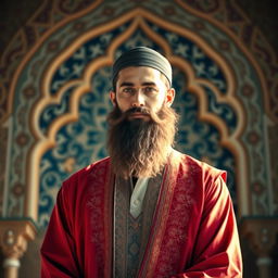 A beautiful Islamic art scene featuring a male figure with a distinguished Islamic beard, dressed in traditional attire that reflects Islamic culture