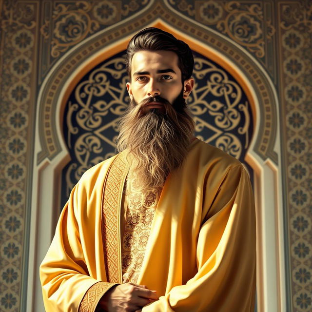 A beautiful Islamic art scene featuring a male figure with a distinguished Islamic beard, dressed in traditional attire that reflects Islamic culture