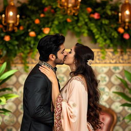 A romantic scene of two Iranian actors sharing a tender kiss