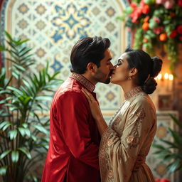 A romantic scene of two Iranian actors sharing a tender kiss