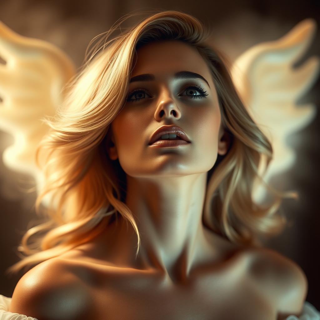 A sensual and dramatic portrait of a beautiful woman resembling an iconic Hollywood star, portraying a moment of ecstasy and bliss, with soft, flowing hair, captivating eyes, and elegant features