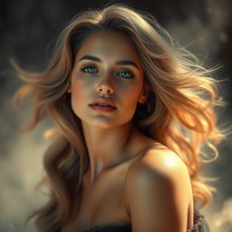 A sensual and dramatic portrait of a beautiful woman resembling an iconic Hollywood star, portraying a moment of ecstasy and bliss, with soft, flowing hair, captivating eyes, and elegant features