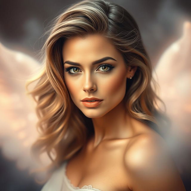 A sensual and dramatic portrait of a beautiful woman resembling an iconic Hollywood star, portraying a moment of ecstasy and bliss, with soft, flowing hair, captivating eyes, and elegant features