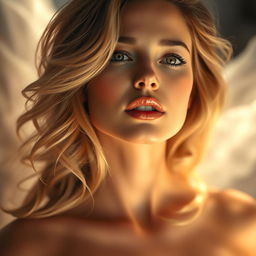A sensual and dramatic portrait of a beautiful woman resembling an iconic Hollywood star, portraying a moment of ecstasy and bliss, with soft, flowing hair, captivating eyes, and elegant features