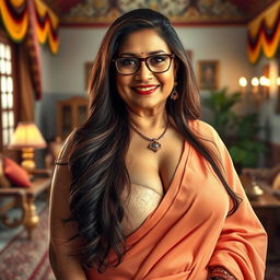 A realistic image of a woman in her 60s, a wealthy Indian village woman with a voluptuous and curvy figure