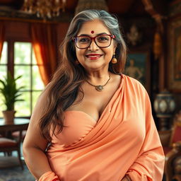 A realistic image of a woman in her 60s, a wealthy Indian village woman with a voluptuous and curvy figure