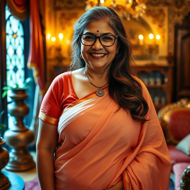 A realistic image of a woman in her 60s, a wealthy Indian village woman with a voluptuous and curvy figure