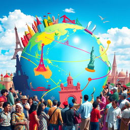 A vibrant and dynamic representation of globalization showing interconnectedness across the globe