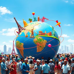 A vibrant and dynamic representation of globalization showing interconnectedness across the globe