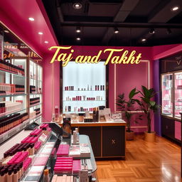 A vibrant cosmetics store interior, featuring an elegant display of beauty products like lipsticks, foundations, and skincare items