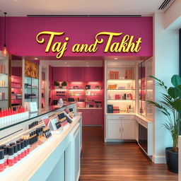 A vibrant cosmetics store interior, featuring an elegant display of beauty products like lipsticks, foundations, and skincare items