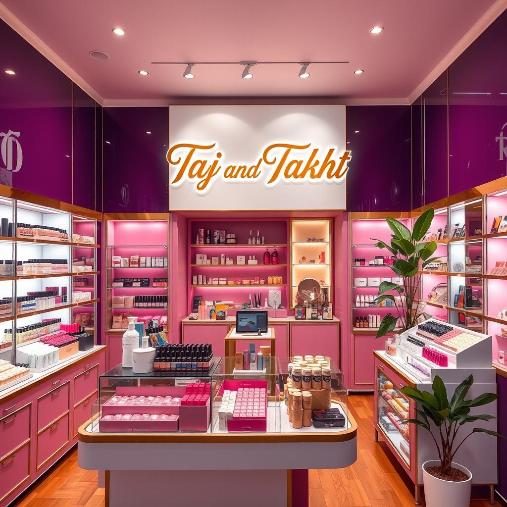 A vibrant cosmetics store interior, featuring an elegant display of beauty products like lipsticks, foundations, and skincare items