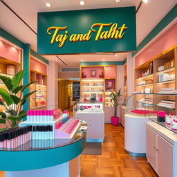 A vibrant cosmetics store interior, featuring an elegant display of beauty products like lipsticks, foundations, and skincare items