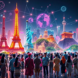 A visually striking representation of globalization aesthetic, featuring a blend of iconic landmarks from around the world such as the Eiffel Tower, Statue of Liberty, and Great Wall of China, all interconnected with vibrant neon lights and digital network overlays symbolizing unity and connectivity