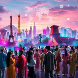 A visually striking representation of globalization aesthetic, featuring a blend of iconic landmarks from around the world such as the Eiffel Tower, Statue of Liberty, and Great Wall of China, all interconnected with vibrant neon lights and digital network overlays symbolizing unity and connectivity