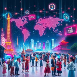 A visually striking representation of globalization aesthetic, featuring a blend of iconic landmarks from around the world such as the Eiffel Tower, Statue of Liberty, and Great Wall of China, all interconnected with vibrant neon lights and digital network overlays symbolizing unity and connectivity