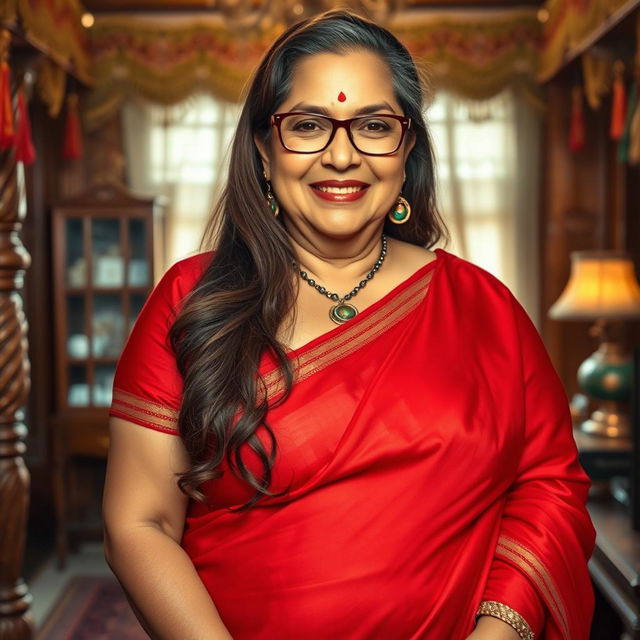 A realistic image of a wealthy Indian village woman over 60 years old, voluptuous and curvy, with long brown hair styled gracefully and wearing glasses