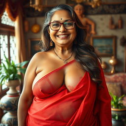 A realistic image of a wealthy Indian village woman over 60 years old, voluptuous and curvy, with long brown hair styled gracefully and wearing glasses
