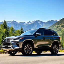 A sleek, modern SUV car parked on a scenic mountain road surrounded by lush green trees and a clear blue sky