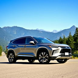 A sleek, modern SUV car parked on a scenic mountain road surrounded by lush green trees and a clear blue sky