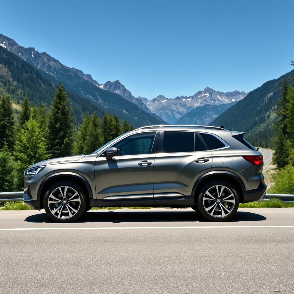 A sleek, modern SUV car parked on a scenic mountain road surrounded by lush green trees and a clear blue sky