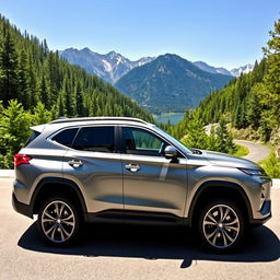 A sleek, modern SUV car parked on a scenic mountain road surrounded by lush green trees and a clear blue sky