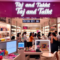 A vibrant and inviting cosmetics store interior featuring a variety of beauty products displayed elegantly on shelves