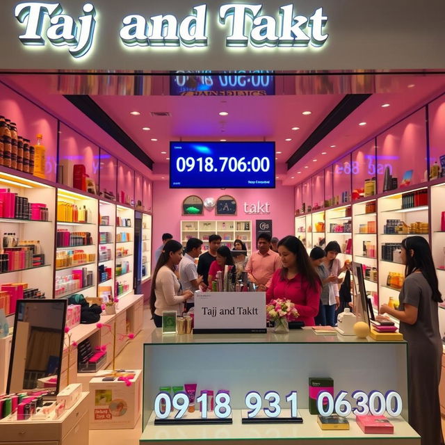 A vibrant and inviting cosmetics store interior featuring a variety of beauty products displayed elegantly on shelves