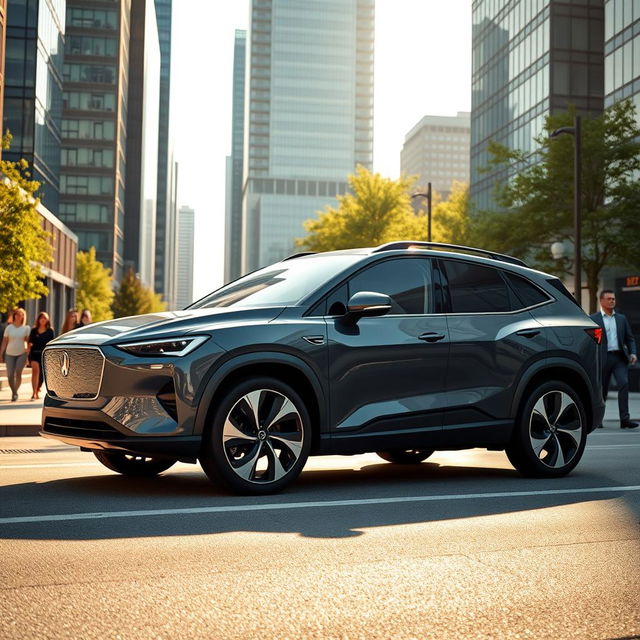 A stunning electric SUV captured in a full side view, showcasing its sleek and aerodynamic design