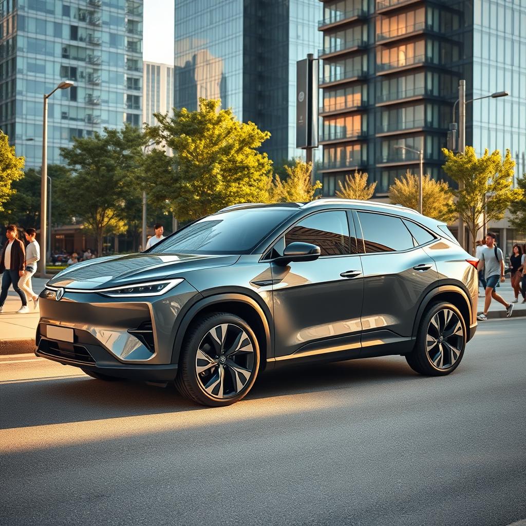 A stunning electric SUV captured in a full side view, showcasing its sleek and aerodynamic design