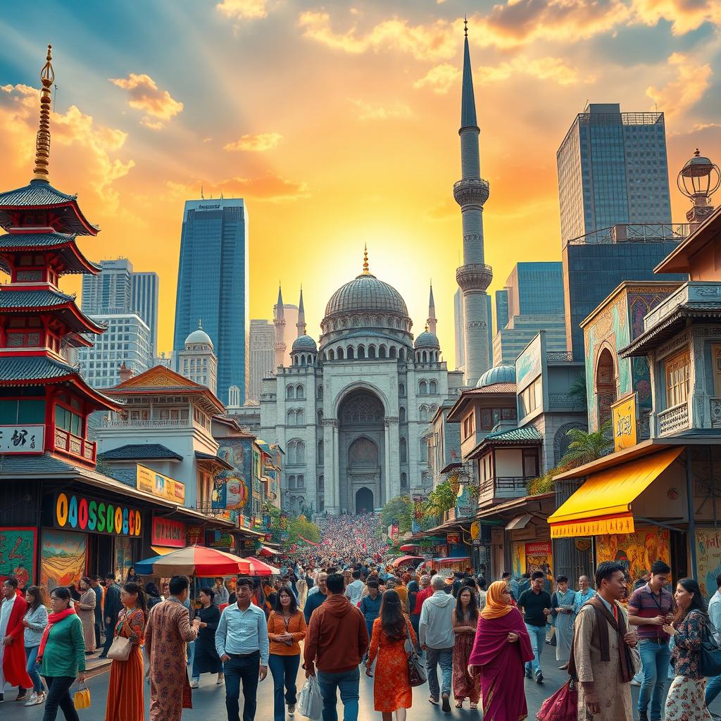 A visually captivating representation of globalization aesthetic, showcasing diverse cultures merging together through art and architecture