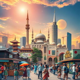 A visually captivating representation of globalization aesthetic, showcasing diverse cultures merging together through art and architecture