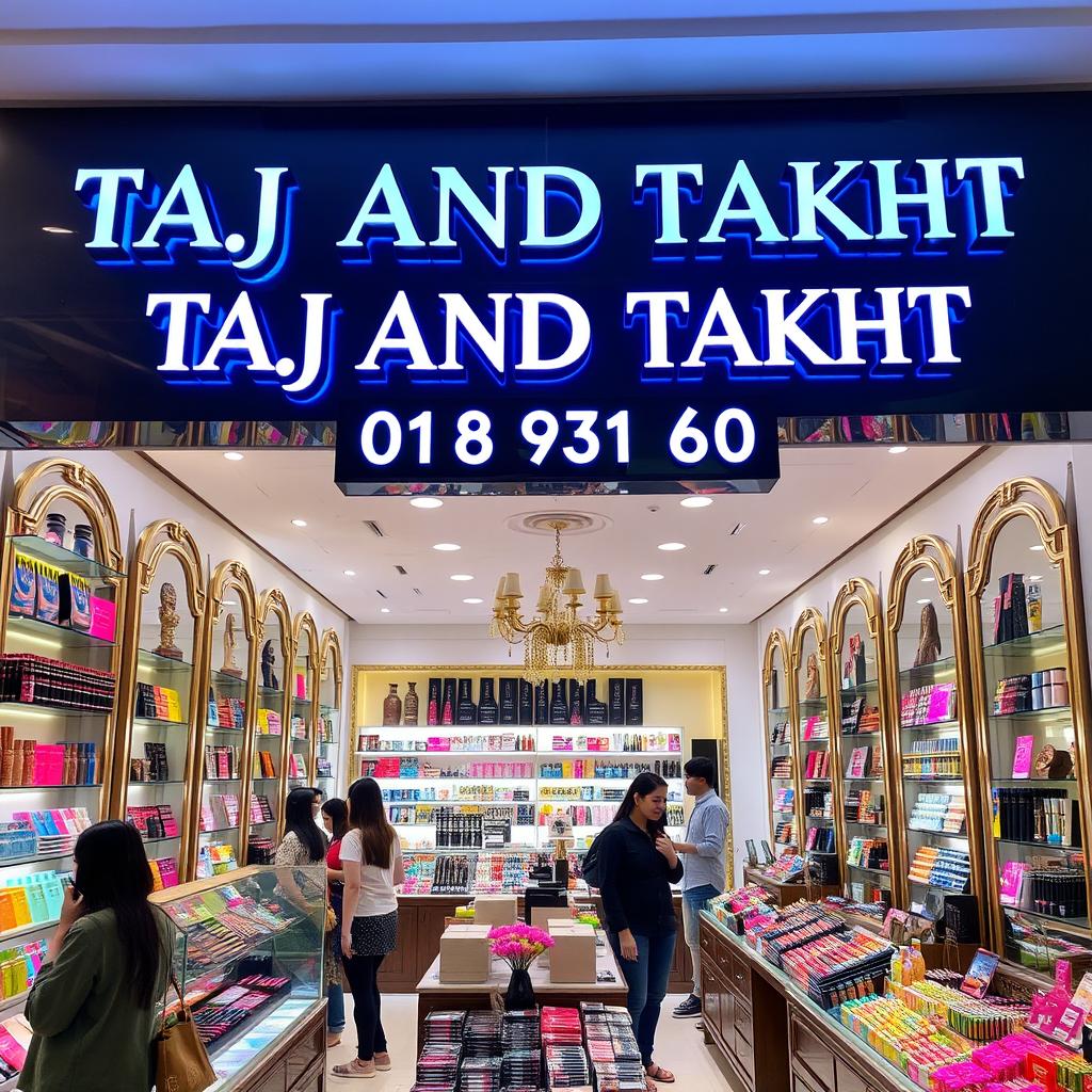 A vibrant cosmetics store interior, showcasing a wide variety of beauty products, colorful makeup displays, and elegant shelving