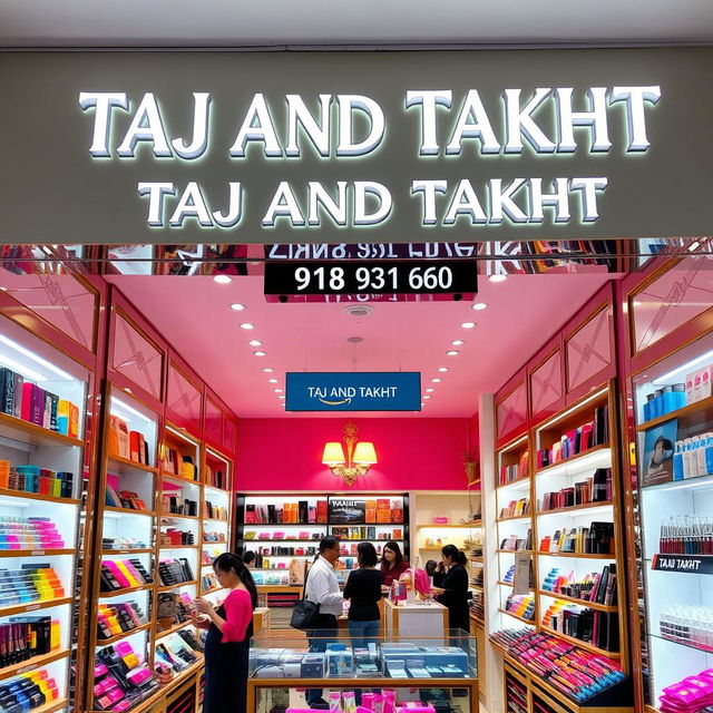 A vibrant cosmetics store interior, showcasing a wide variety of beauty products, colorful makeup displays, and elegant shelving