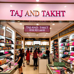 A vibrant cosmetics store interior, showcasing a wide variety of beauty products, colorful makeup displays, and elegant shelving