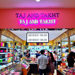 A vibrant cosmetics store interior, showcasing a wide variety of beauty products, colorful makeup displays, and elegant shelving