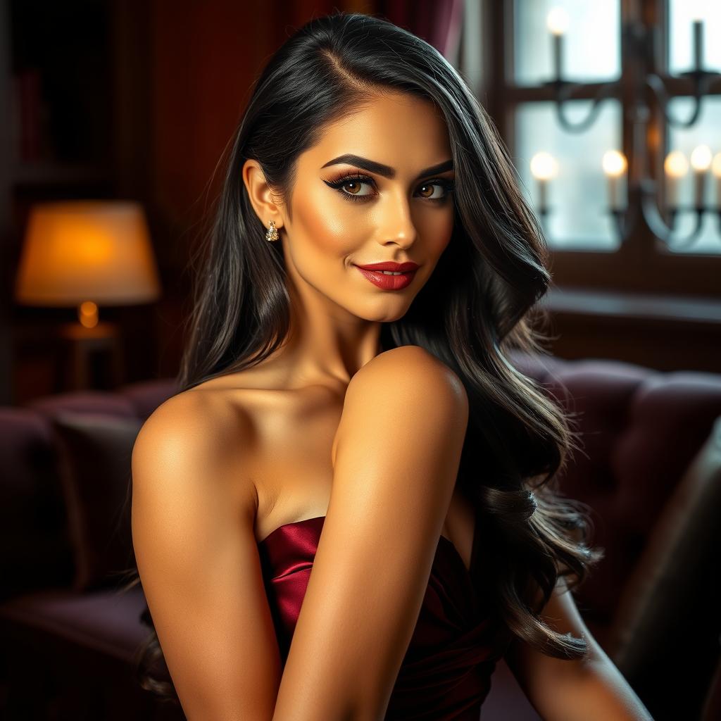 A highly realistic portrait of a glamorous woman with long flowing dark hair, wearing an elegant evening gown in a soft shade of burgundy