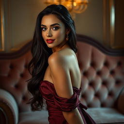 A highly realistic portrait of a glamorous woman with long flowing dark hair, wearing an elegant evening gown in a soft shade of burgundy