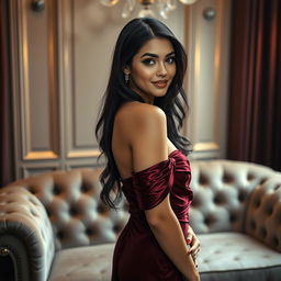 A highly realistic portrait of a glamorous woman with long flowing dark hair, wearing an elegant evening gown in a soft shade of burgundy