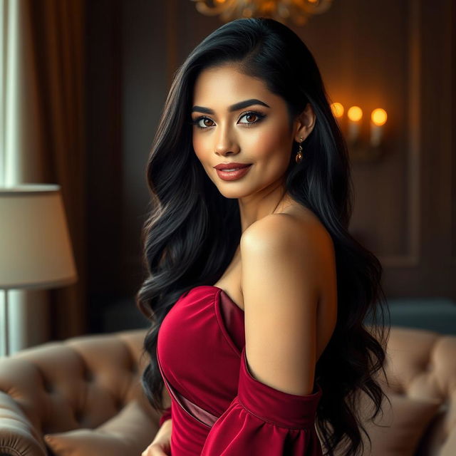 A highly realistic portrait of a glamorous woman with long flowing dark hair, wearing an elegant evening gown in a soft shade of burgundy