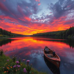 A serene landscape with a vibrant sunset illuminating a tranquil lake, surrounded by lush green forests and blooming wildflowers