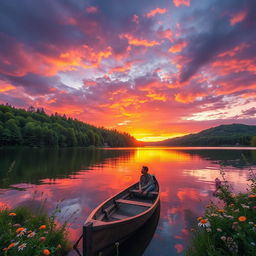 A serene landscape with a vibrant sunset illuminating a tranquil lake, surrounded by lush green forests and blooming wildflowers