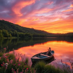 A serene landscape with a vibrant sunset illuminating a tranquil lake, surrounded by lush green forests and blooming wildflowers