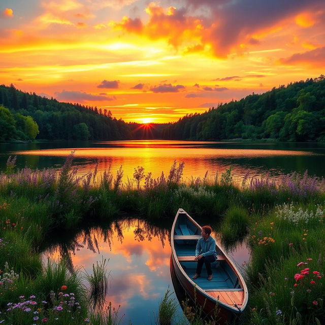 A serene landscape with a vibrant sunset illuminating a tranquil lake, surrounded by lush green forests and blooming wildflowers