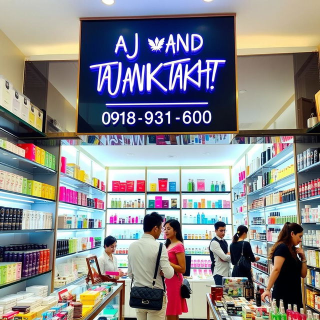 A vibrant cosmetics store interior, filled with a wide range of beauty products including skincare, makeup, and perfumes